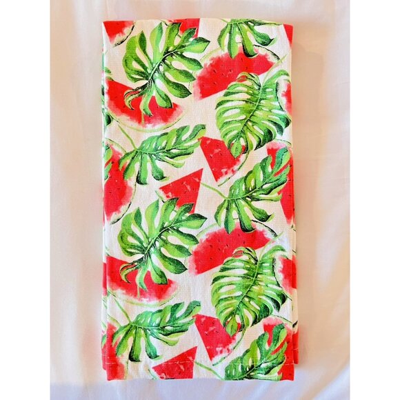 NEW Set 2 Kitchen Towels Cedar Lane WATERMELON & MONSTERA Leaf 100% Cotton - Picture 3 of 4
